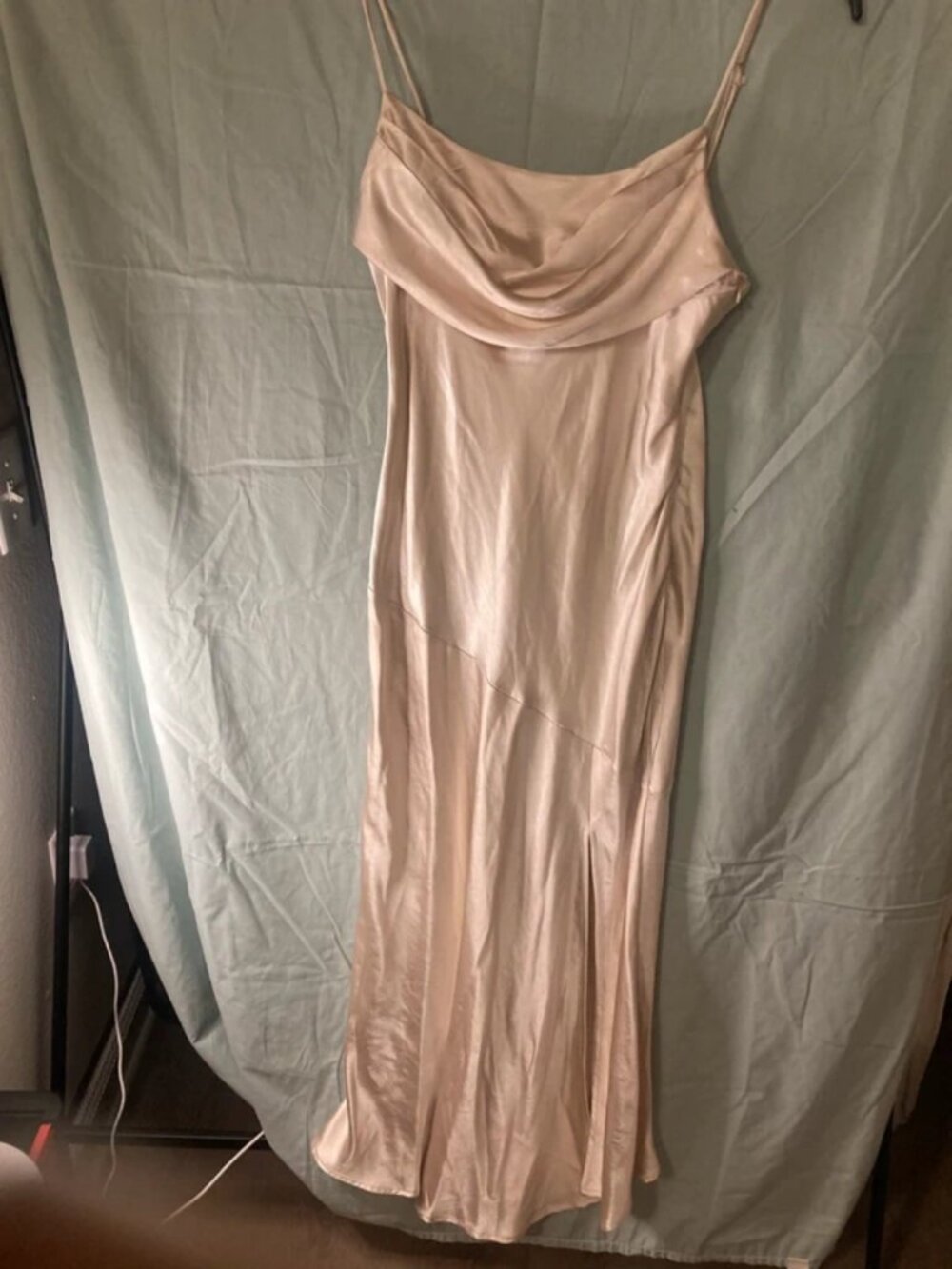 Selfie Leslie Champagne Satin Maxi Slip Dress | Size Medium | Elegant Cowl Nec
